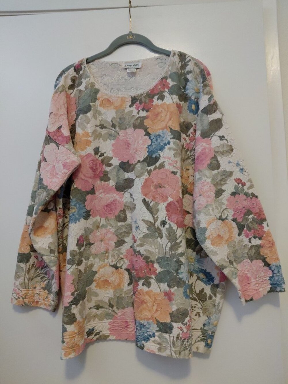 Vintage 90s Glory U S Tapestry Knit Sweater Pastel Rose Pattern XL Cottagecore